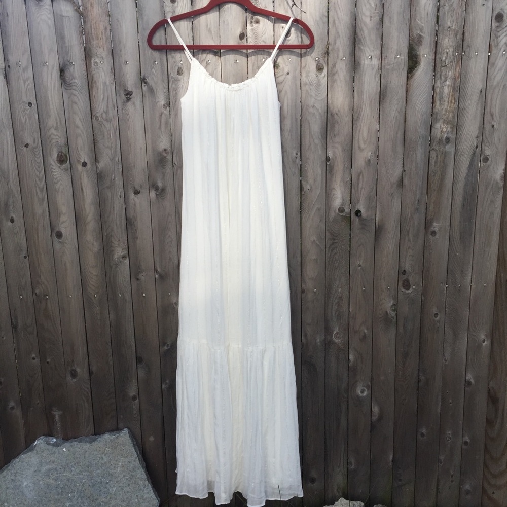Womens White Metallic Stripes Flounce Maxi Dress